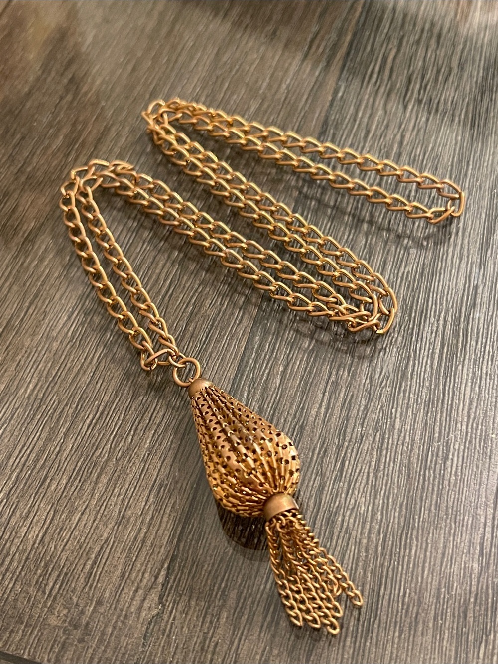 Vintage Gold-tone Mid-Century Teardrop Tassel Necklace 27” Approx